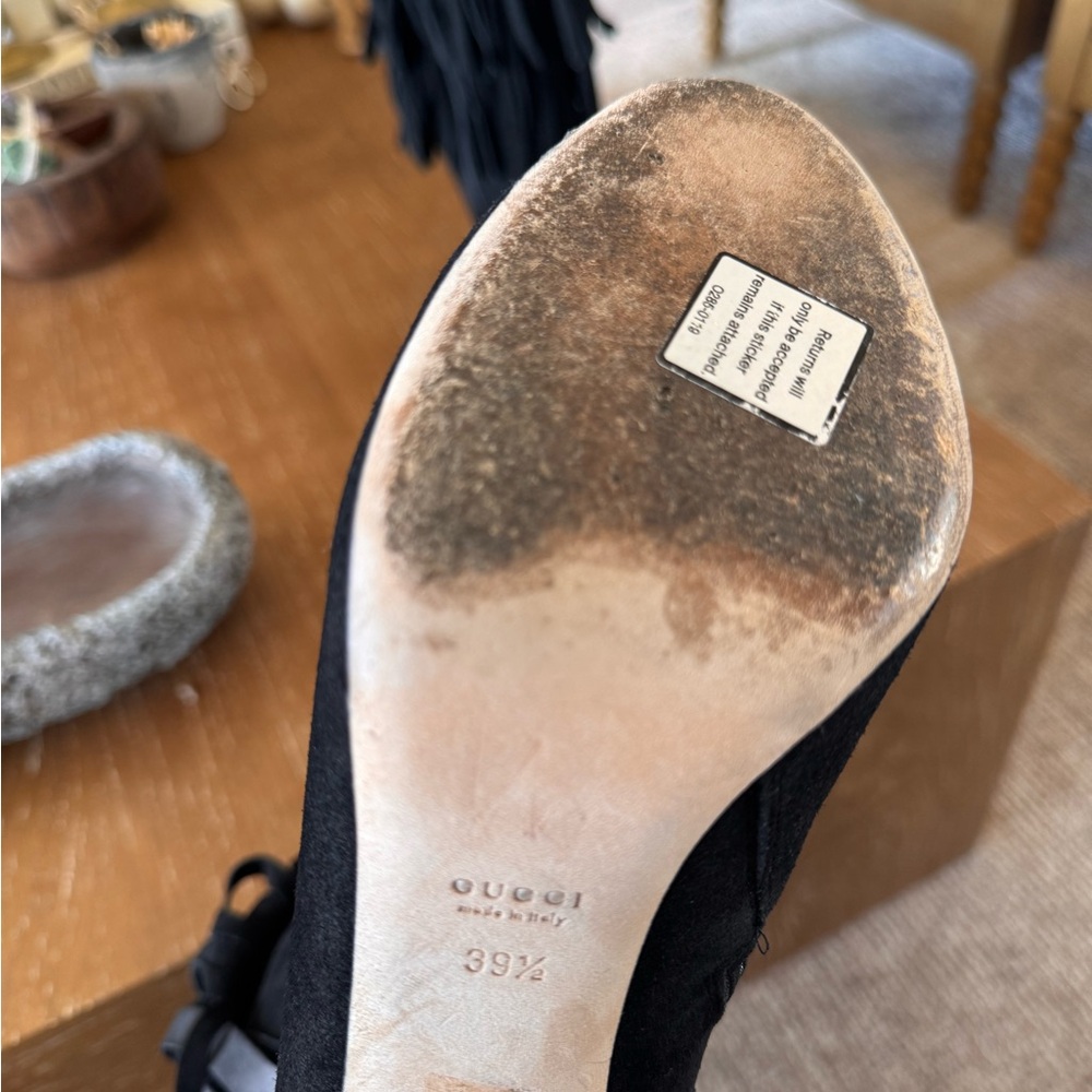 Gucci Black Fringe Heeled Boots with Gold Accents - Picture 5 of 6